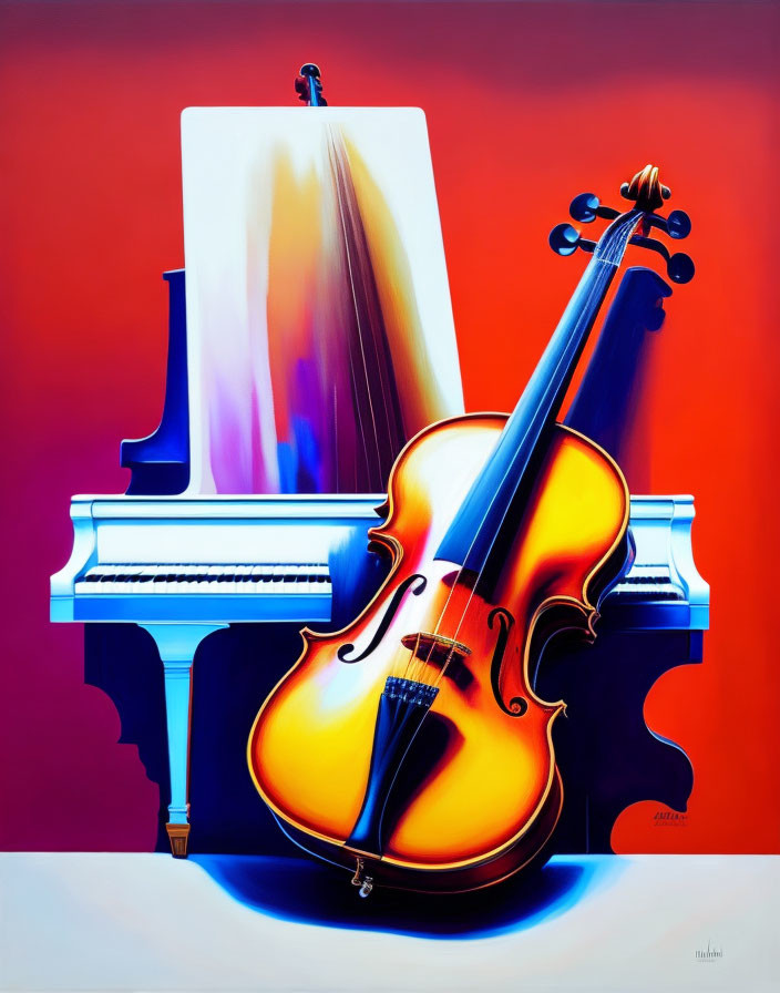 Colorful Violin and Abstract Piano Painting with Red and Purple Background