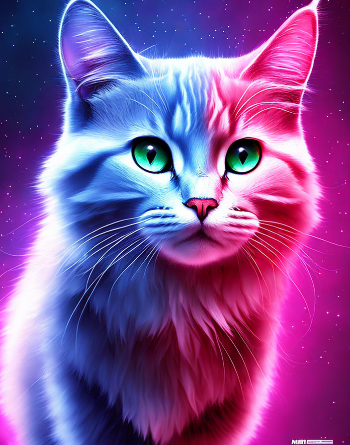 Colorful Digital Artwork: Neon Cat on Starry Background