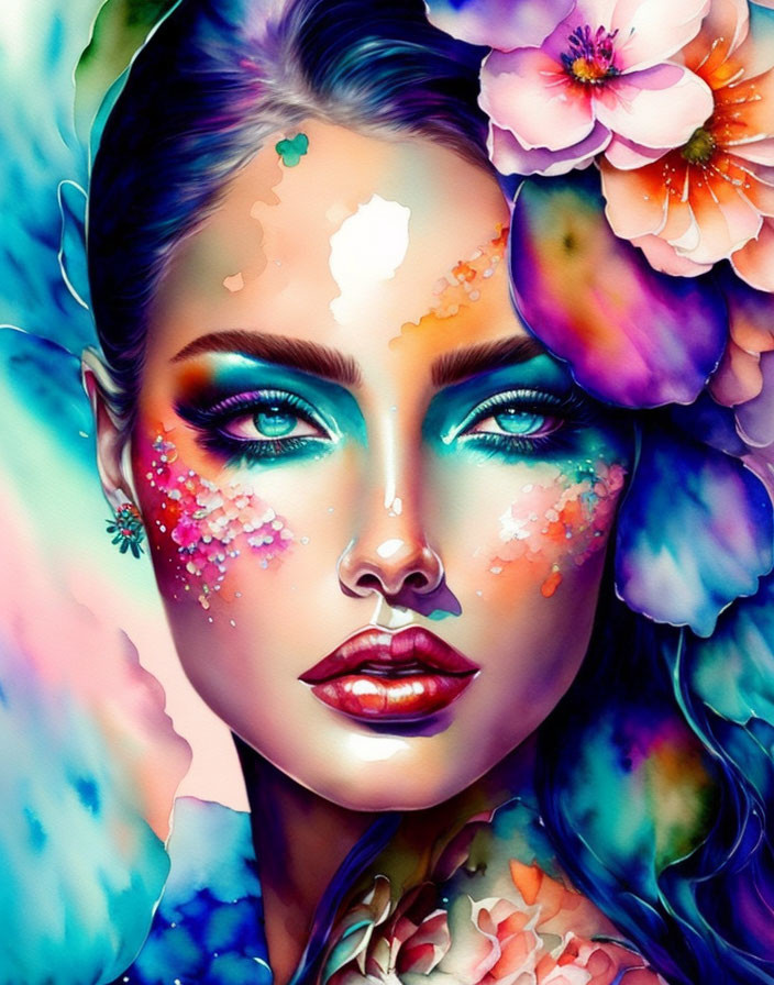 Colorful digital art: Woman's face with floral elements and paint splatters.