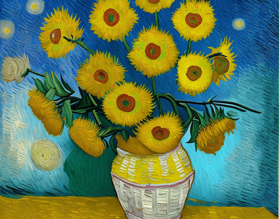 Vibrant yellow sunflowers in white vase on swirling blue background