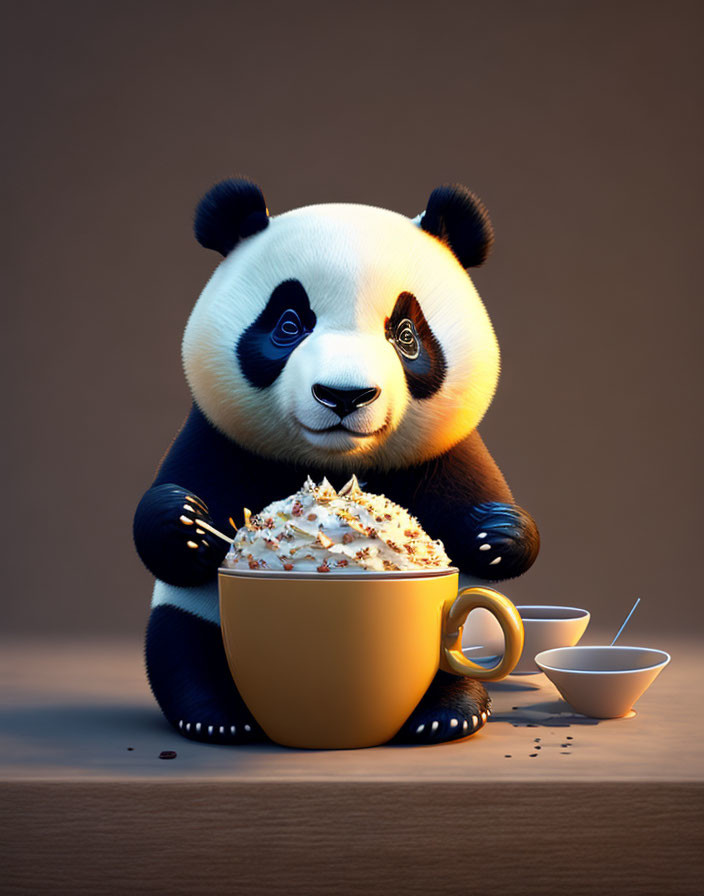 Adorable panda with whipped cream dessert and teacup