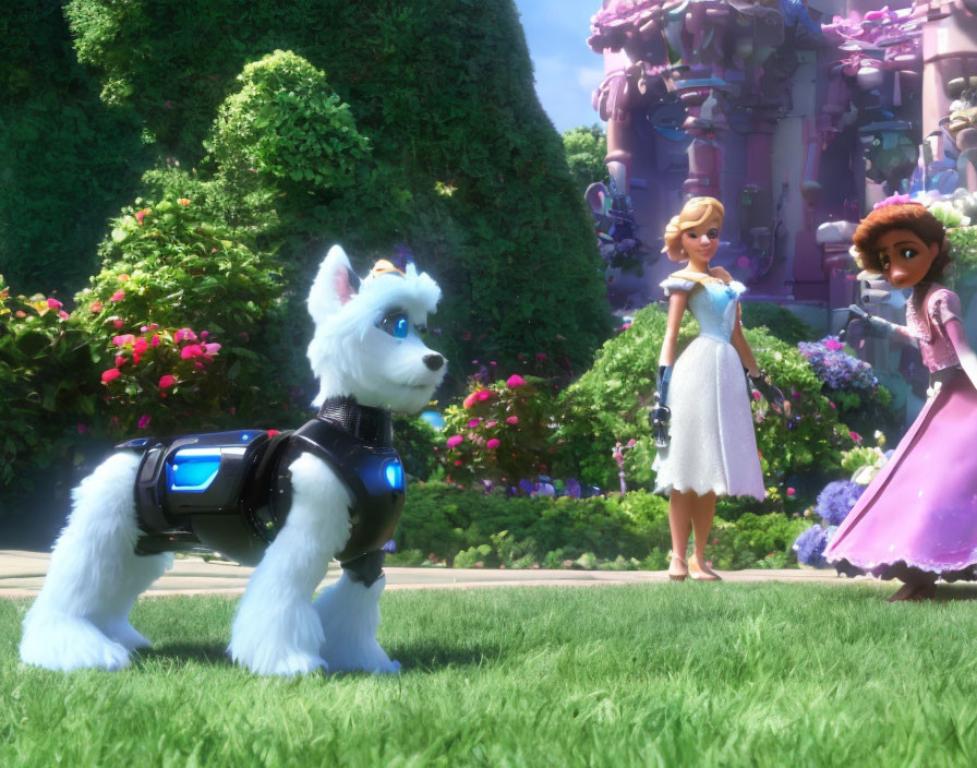 Robotic dog, two girls in lush garden with intricate building