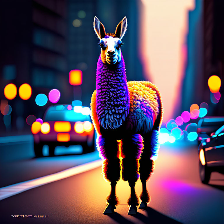 Colorful llama in city street at dusk with bokeh lights and cars