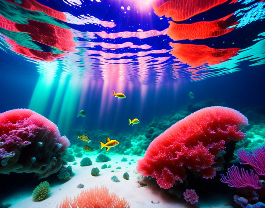 Colorful Underwater Scene with Red Corals, Fish, and Sunbeams