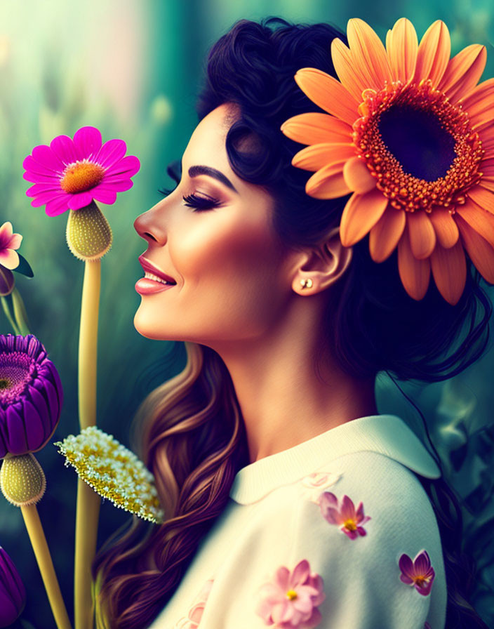 Woman with Flower in Hair Smiling Among Colorful Flowers