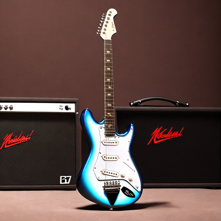 Blue Electric Guitar and Marshall Amplifier on Tan Background