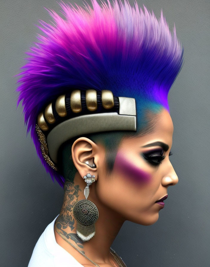 Vibrant purple and pink mohawk with tattooed neck and unique ear jewelry on grey background