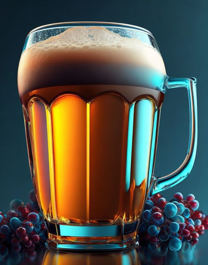 Amber Beer Mug with Frothy Head and Dark Grapes on Blue Background