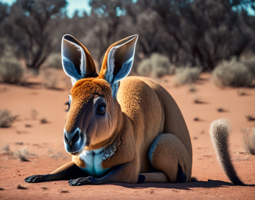 Kangaroo resting on red desert sand under blue sky