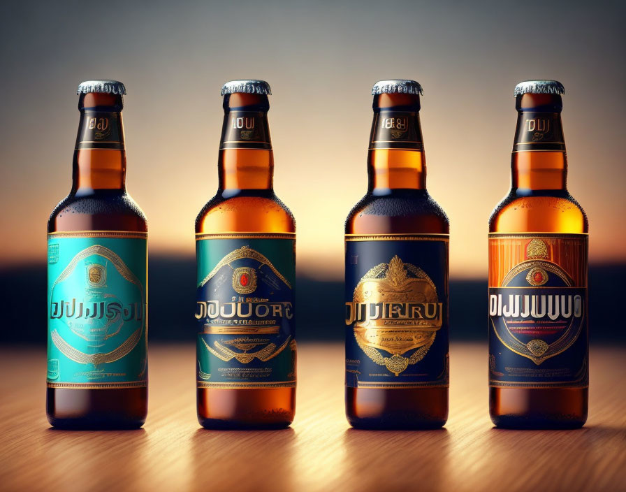 Four beer bottles with intricate labels against warm sunset background