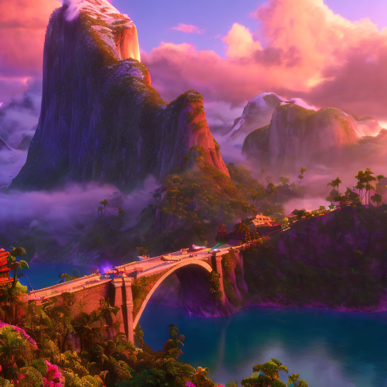 Colorful fantasy landscape with mountains, mist, flora, stone bridge & buildings