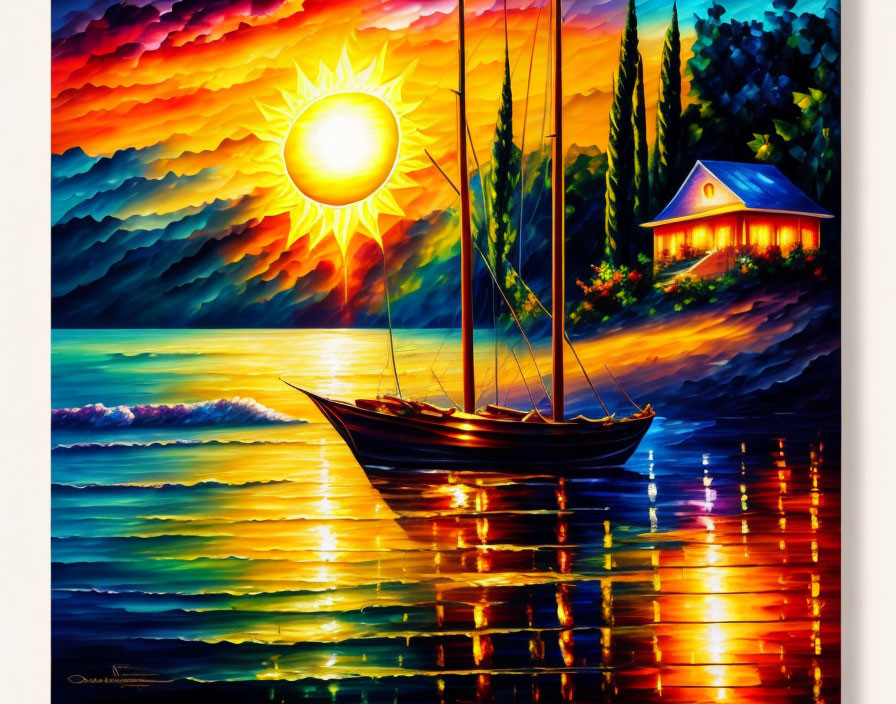 Colorful sunset painting with sailboat and cabin by ocean shore