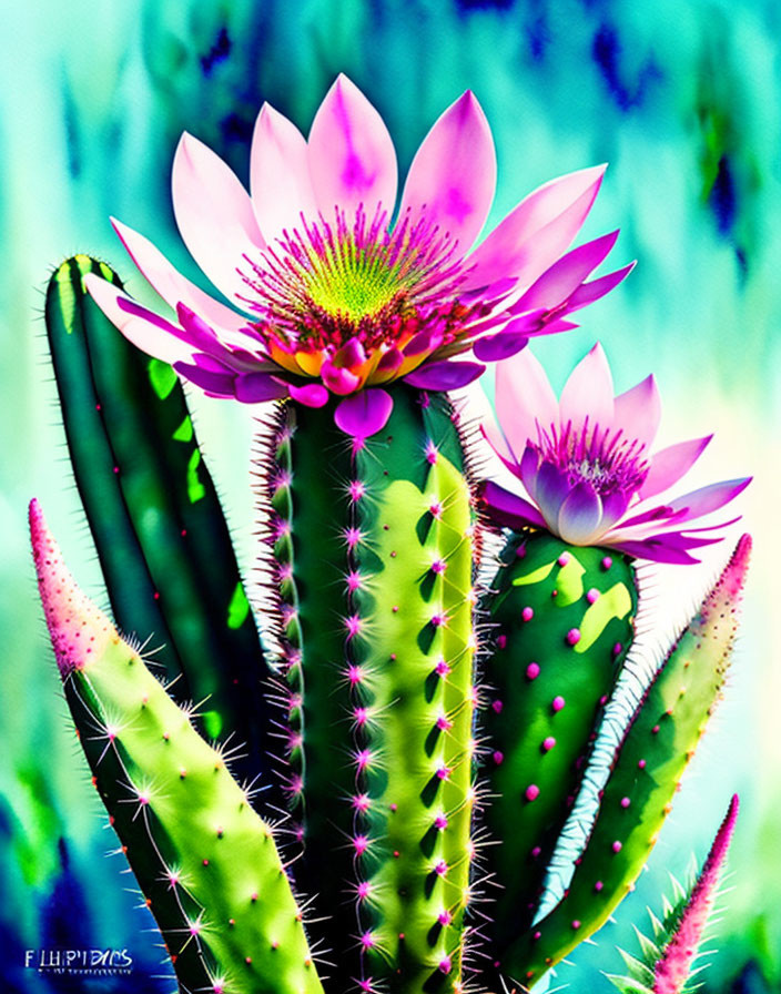 Colorful Pink Lotus Flowers on Green Cacti Against Turquoise Background