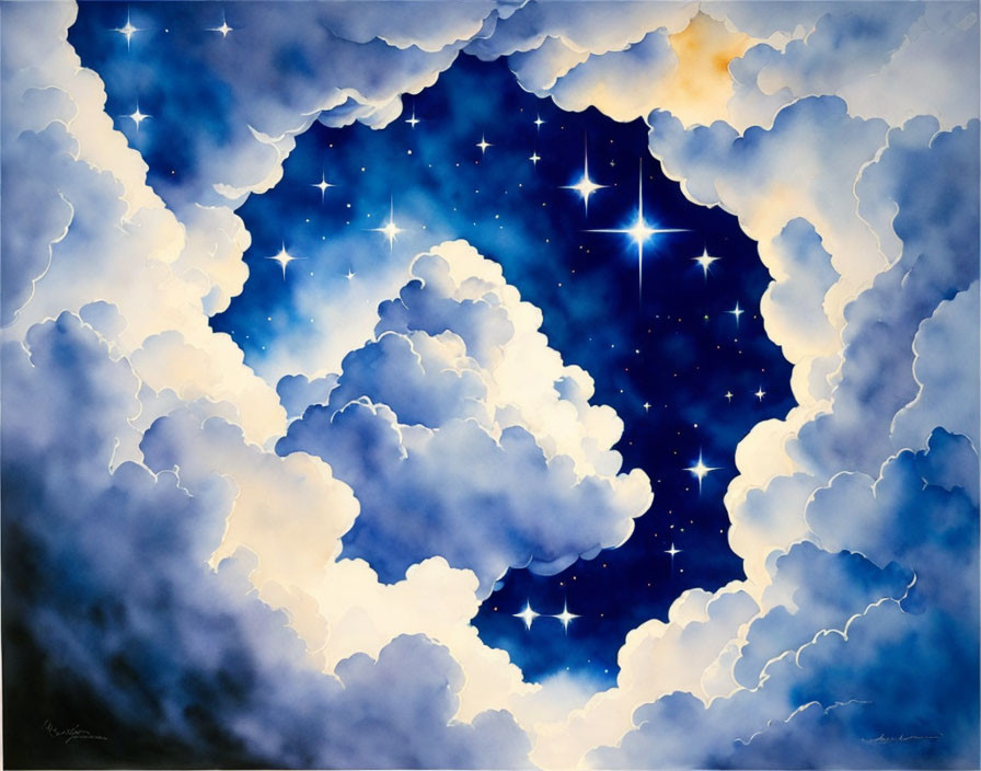 Starry Night Sky Through Fluffy Clouds in Blue and Yellow Gradient