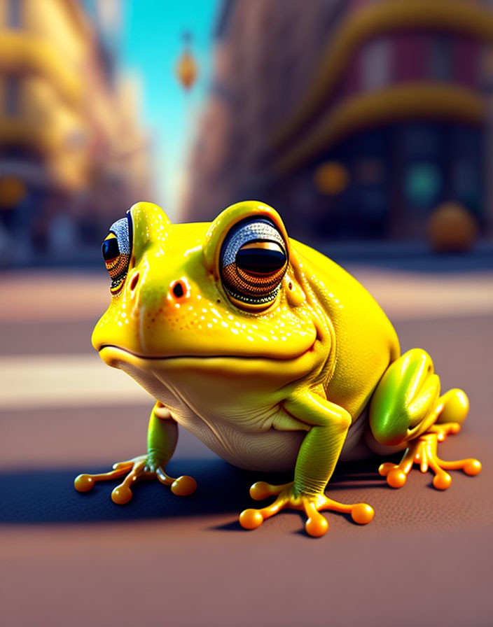 Yellow animated frog on city street with blurred buildings