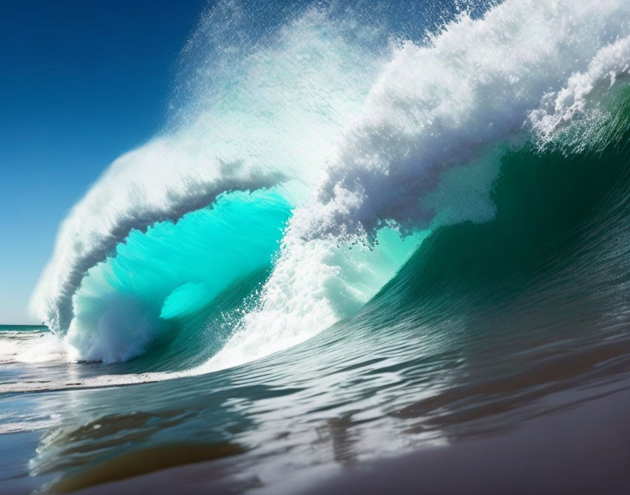 Ocean wave with blue and green hues splashing on sandy beach