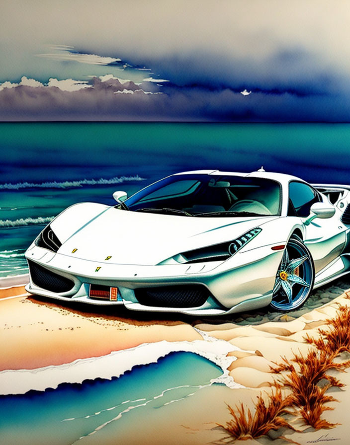 Stylized white Ferrari on beach with ocean waves and stormy sky