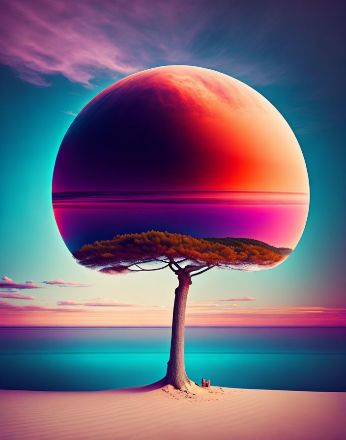 Surreal landscape with giant planet, tree, and person on beach