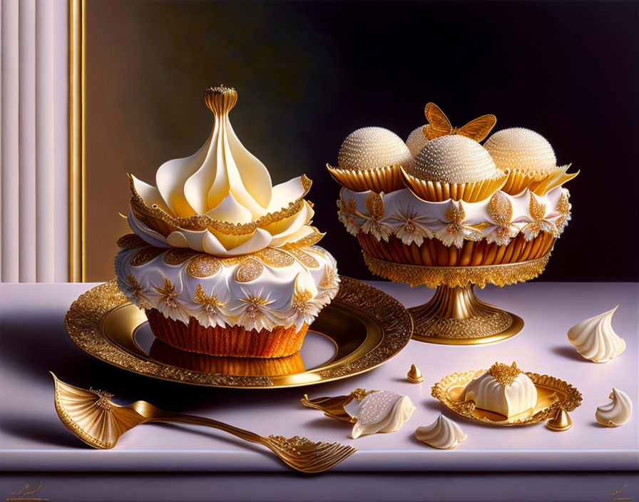 Ornate cupcake with white frosting and gold details next to golden dish on reflective surface