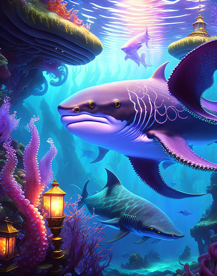 Colorful underwater scene with stylized sharks, lanterns, coral, and pagoda-like structure.