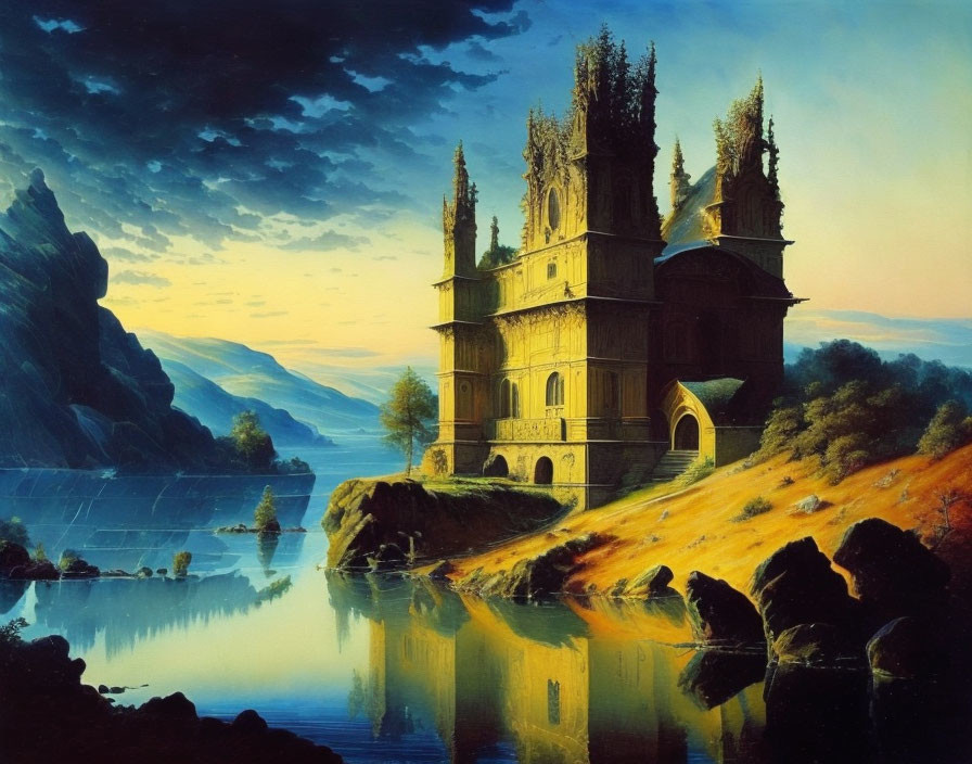 Majestic castle on cliff by serene lake with mountains at dawn or dusk