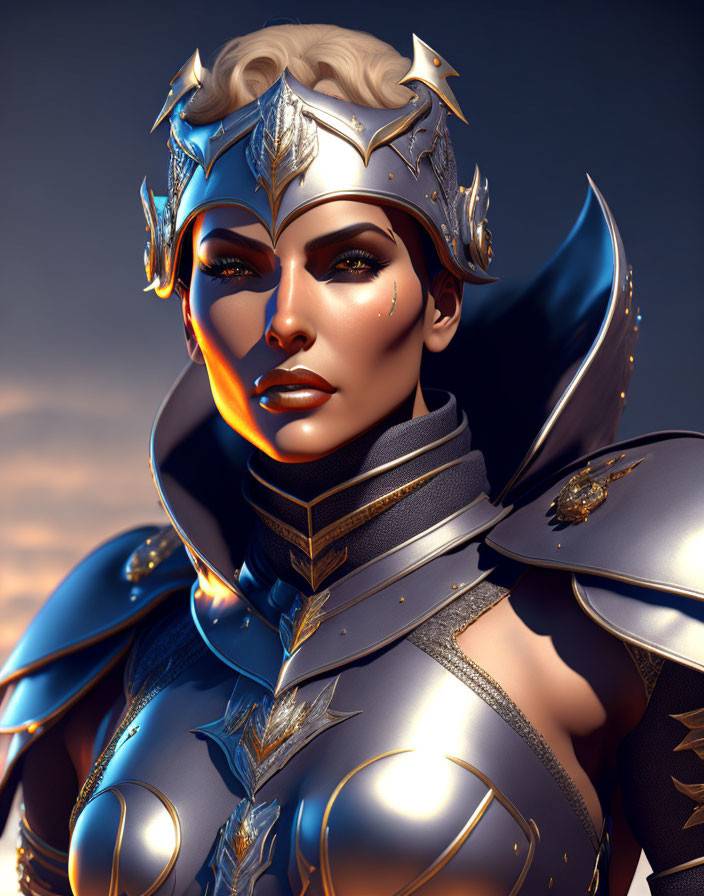 3D Rendered Image: Woman in Blue-and-Gold Armor with Crest Helm