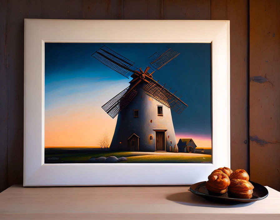 Framed painting of windmill at sunset with croissants on wooden surface