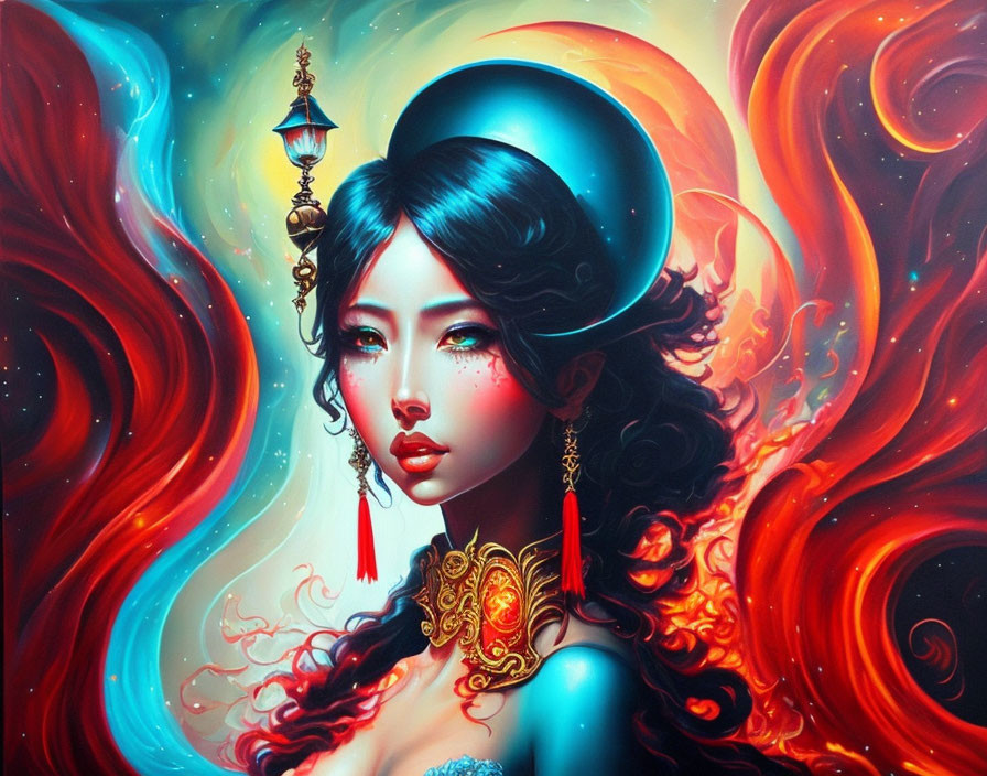 Illustrated woman in traditional attire with dark hair and red earrings on swirling ethereal background