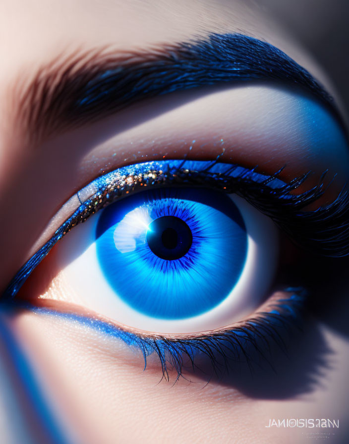 Detailed image: Vivid blue eye with dark eyelashes and sparkling eyeliner