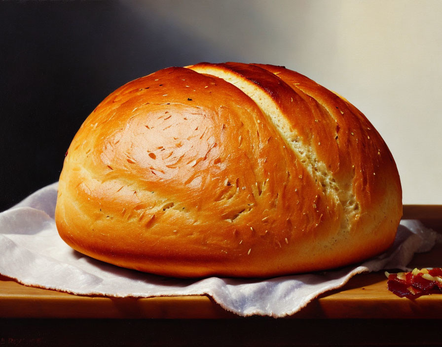 Golden-brown crust bread on wooden surface with soft light