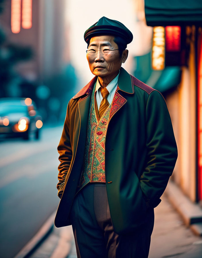 Elderly person in stylish green jacket and beret on city street at dusk