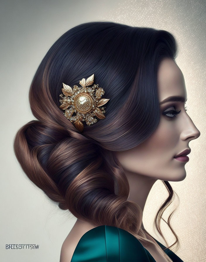 Woman's Side Profile with Styled Updo and Decorative Hair Accessory