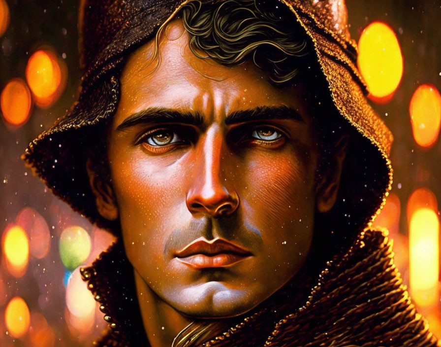 Illustrated portrait of a man with wavy hair and intense gaze in hooded cloak with warm glowing