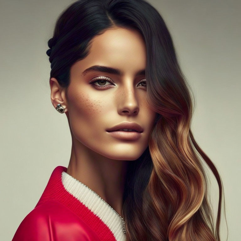 Portrait of woman with ombre hair, freckles, green eyes, in red and white