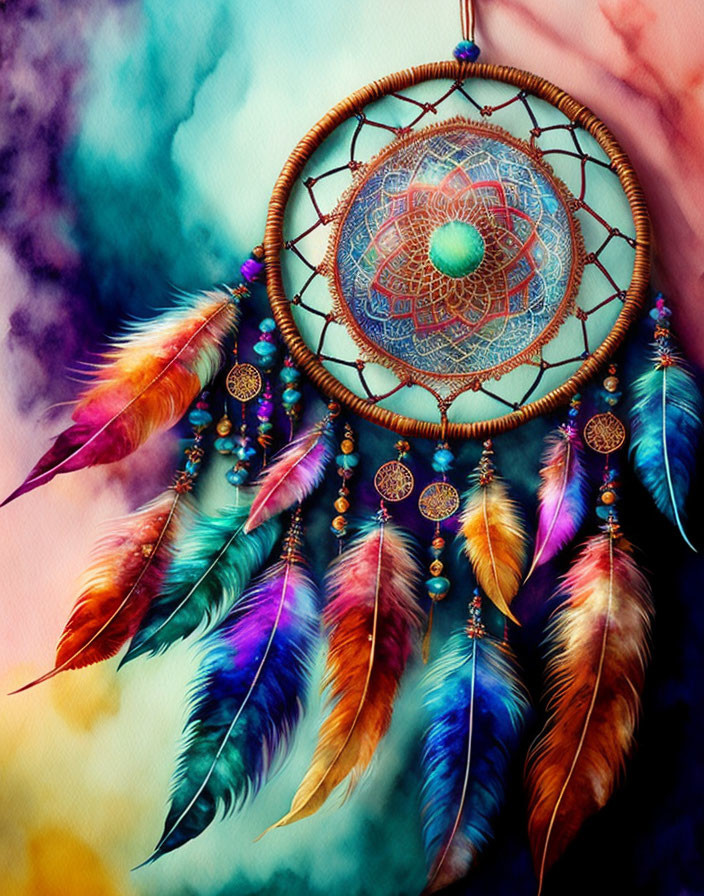 Vibrant Dreamcatcher with Colorful Patterns and Feathers