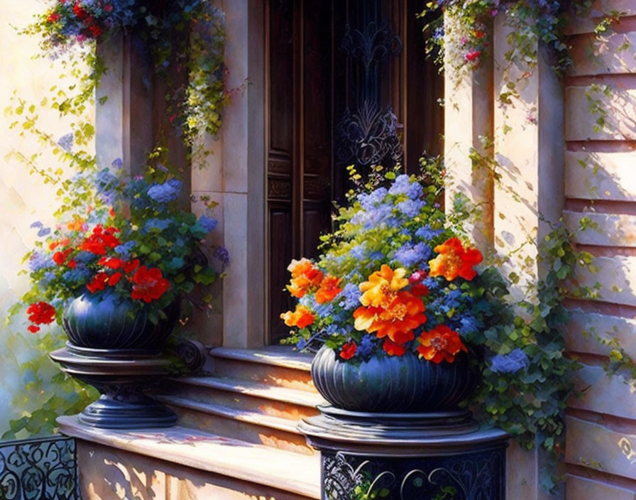 Vibrant flowers in urns frame arched doorway on charming facade