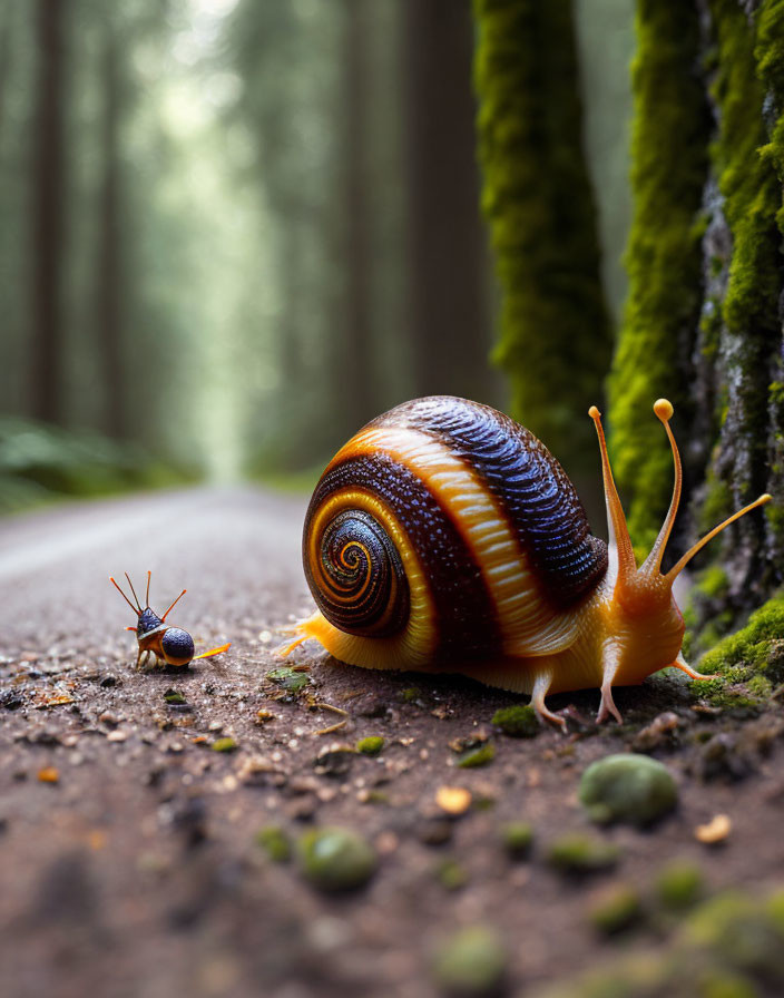 Colorful snail with spiral shell in forest setting with tiny companion