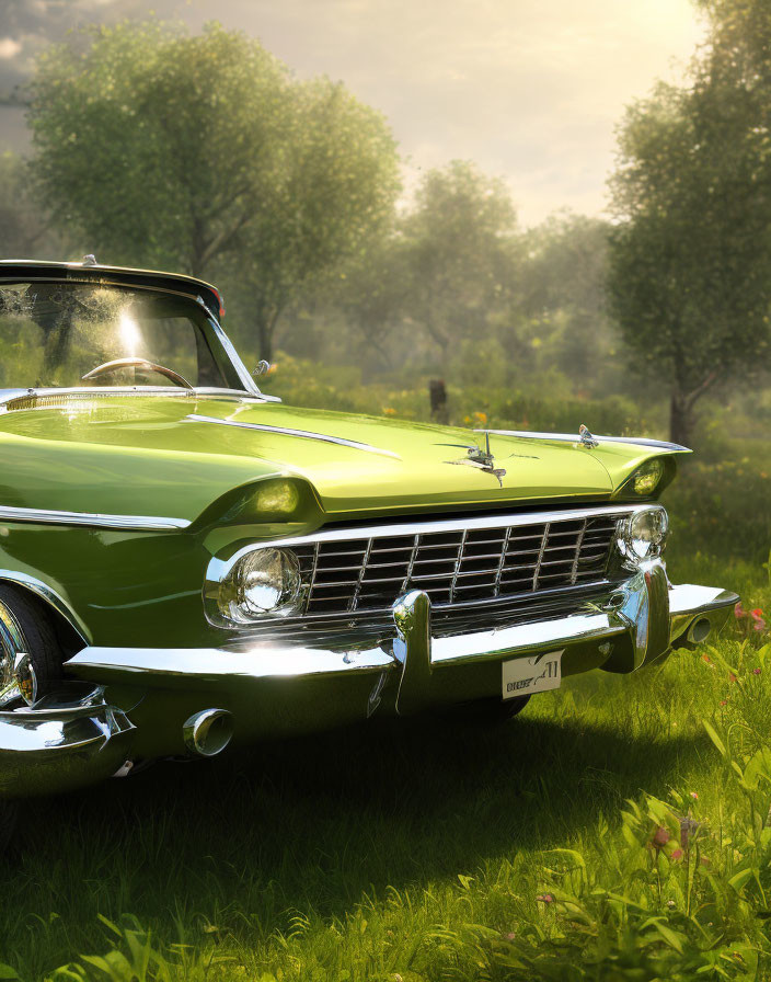 Classic Green Car Parked in Sunlit Field with Chrome Details