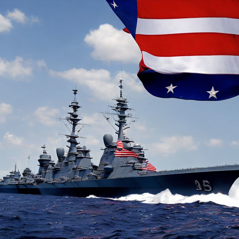 Naval warships under large American flag on clear skies