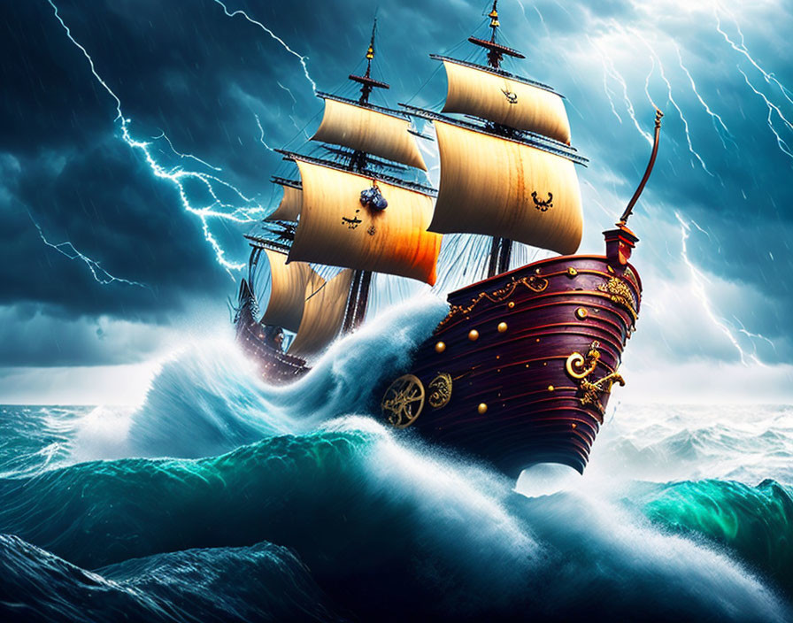 Majestic sailing ship in stormy sea with illuminated sails