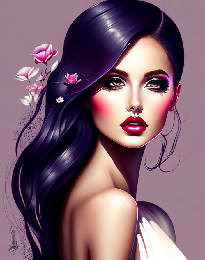 Woman with Dark Hair and Pink Flowers: Illustration with Prominent Makeup and Deep Gaze on Purple