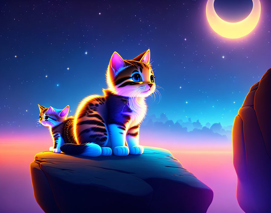 Vibrant neon-striped kittens on cliff under crescent moon