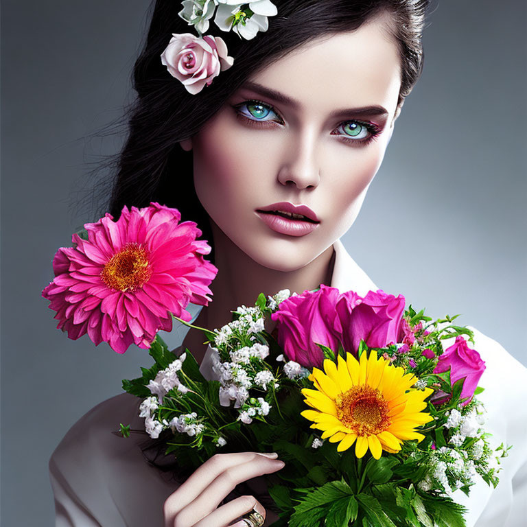 Woman with Vibrant Blue Eyes and Flower Hair Holding Colorful Bouquet