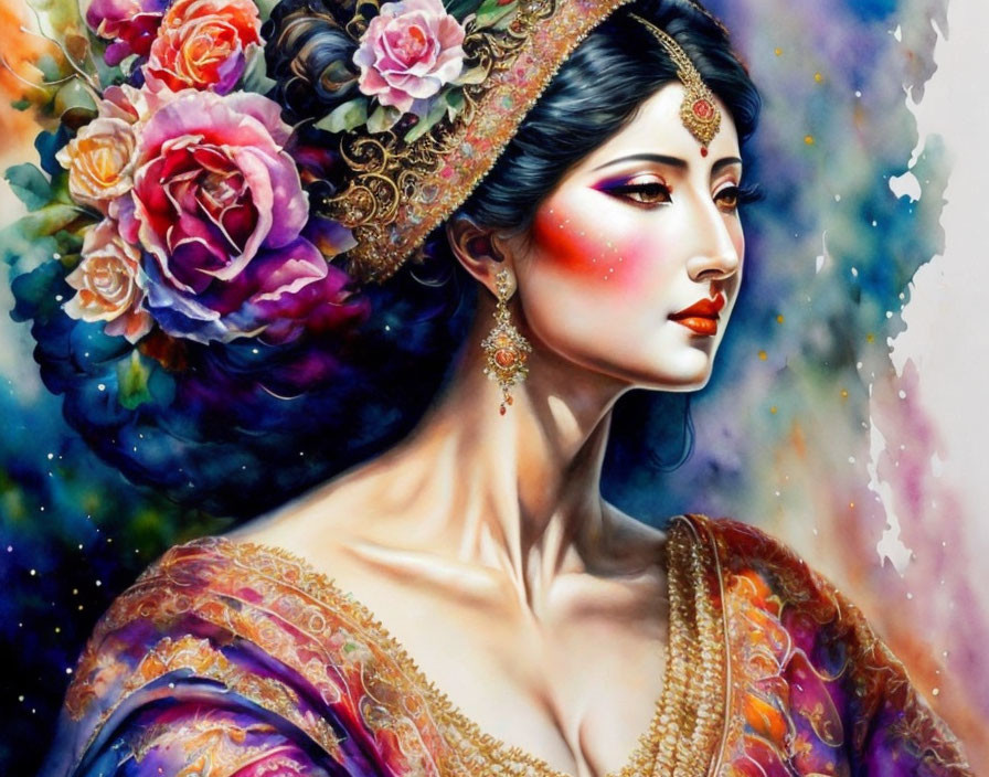 Colorful portrait of a woman in traditional attire with jewelry, surrounded by flowers and cosmic elements