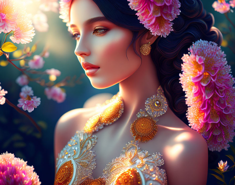 Illustrated woman with dark hair and gold jewelry among pink flowers