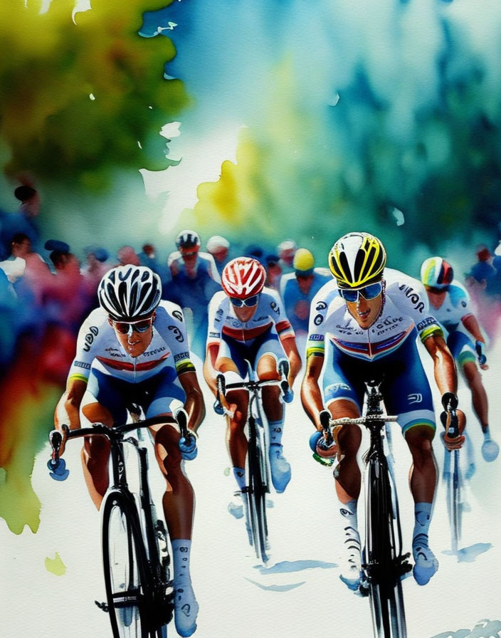 Colorful Watercolor Painting of Cycling Race with Three Cyclists and Blurred Crowd