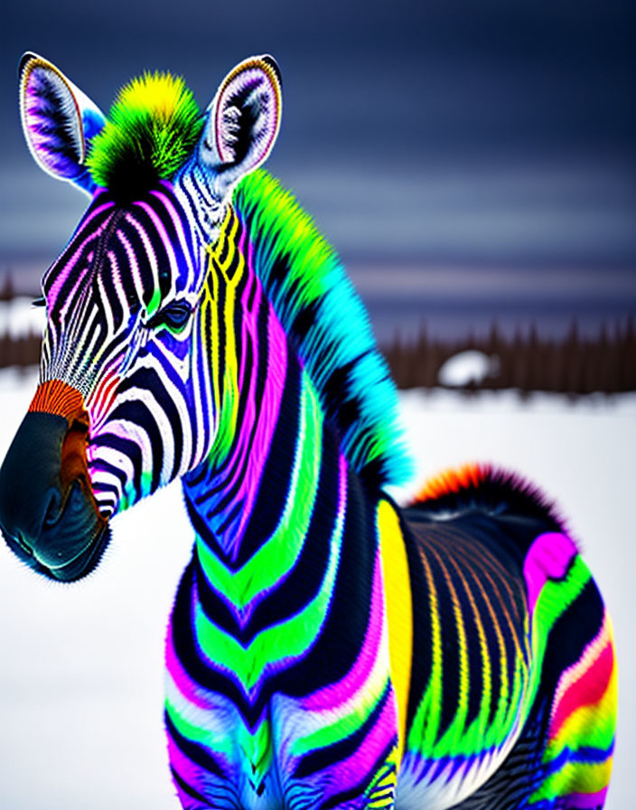 Digitally altered image: Zebra with neon rainbow stripes in snowy landscape