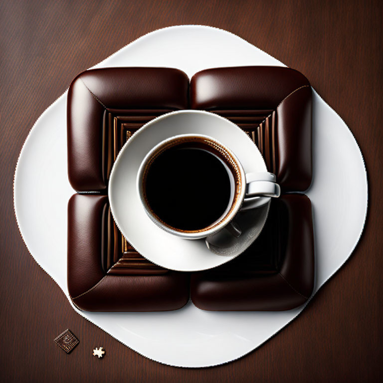 Coffee Cup with Chocolate Pieces on White Plate & Dark Wooden Background