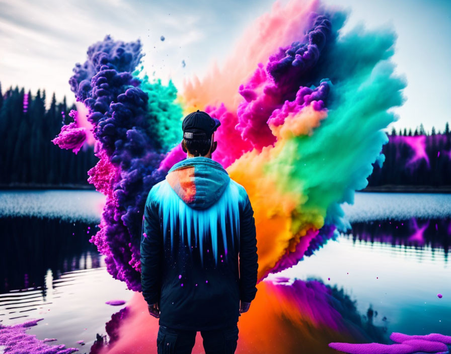 Person gazes at colorful smoke over lake