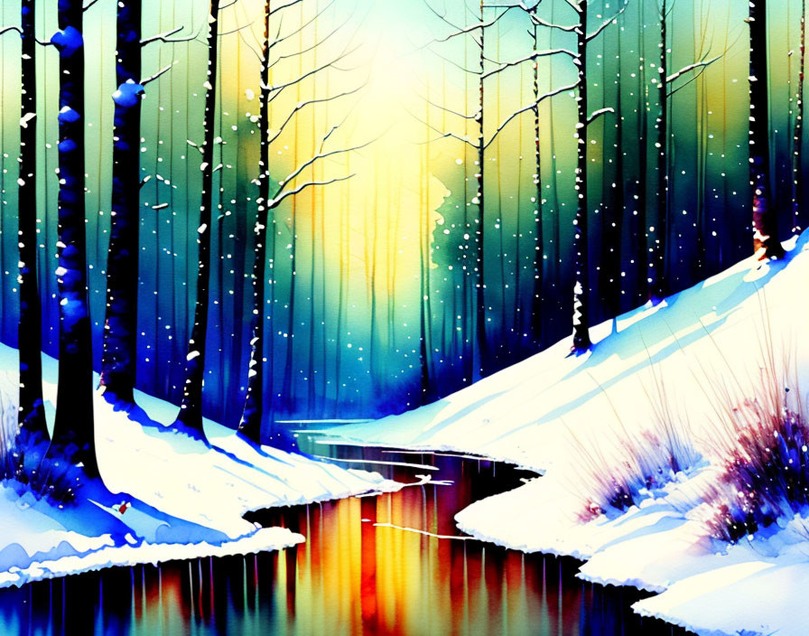 Vivid Snowy Forest Artwork with Colorful Sky